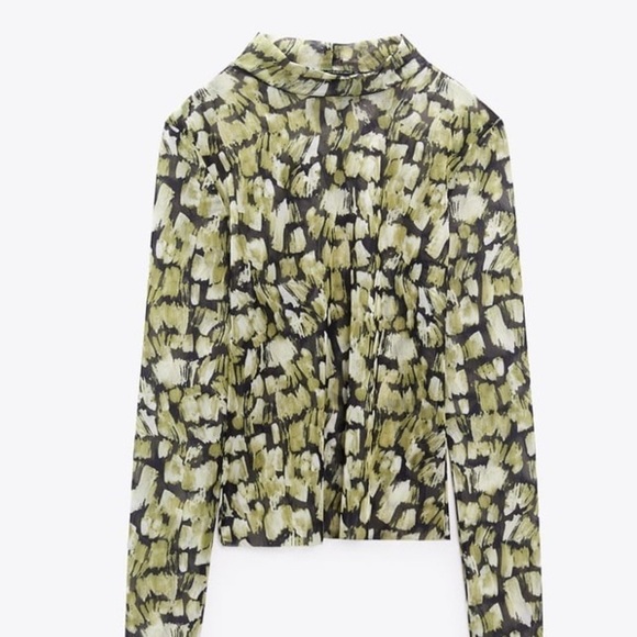 Zara PRINTED TULLE BLACK GREEN Cropped Top sheer SZ M - Picture 6 of 10